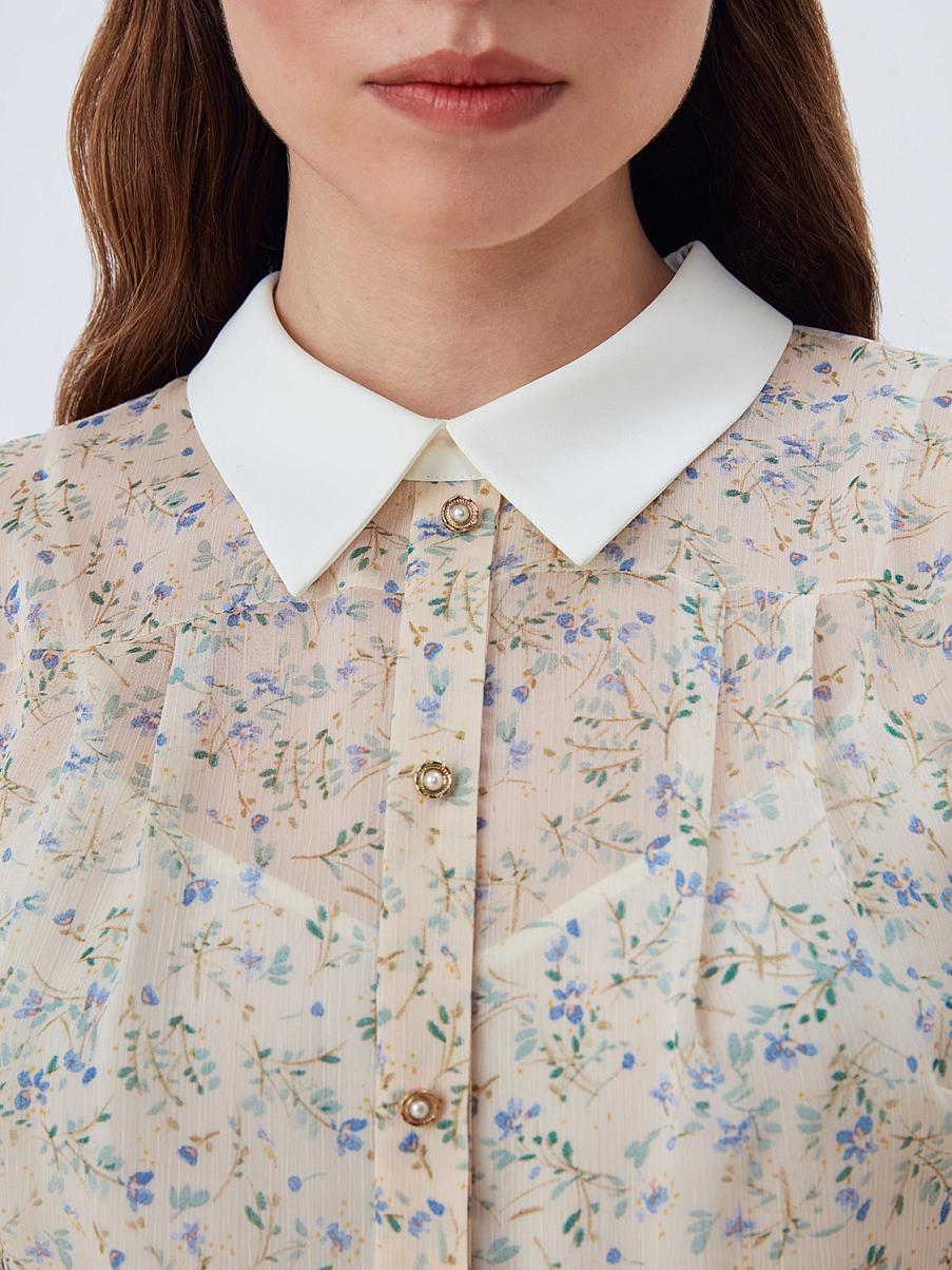 Шифоновое платье мини с оборкой на рукавах и классическим воротником