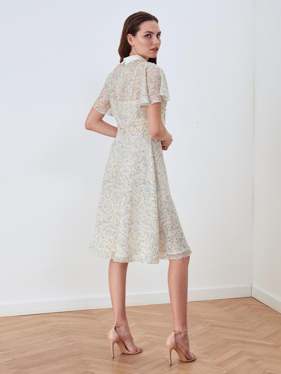 Шифоновое платье мини с оборкой на рукавах и классическим воротником