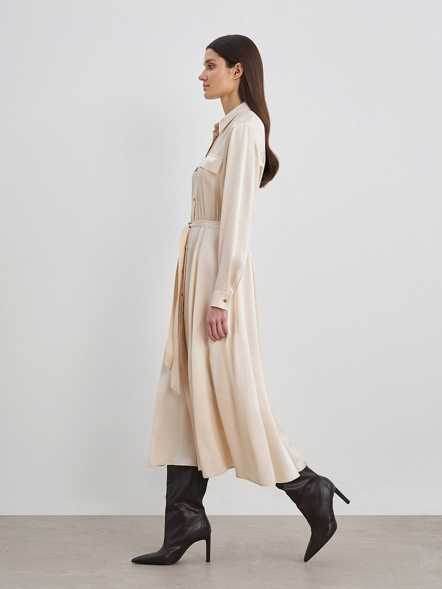 Платье миди с длинным рукавом и поясом