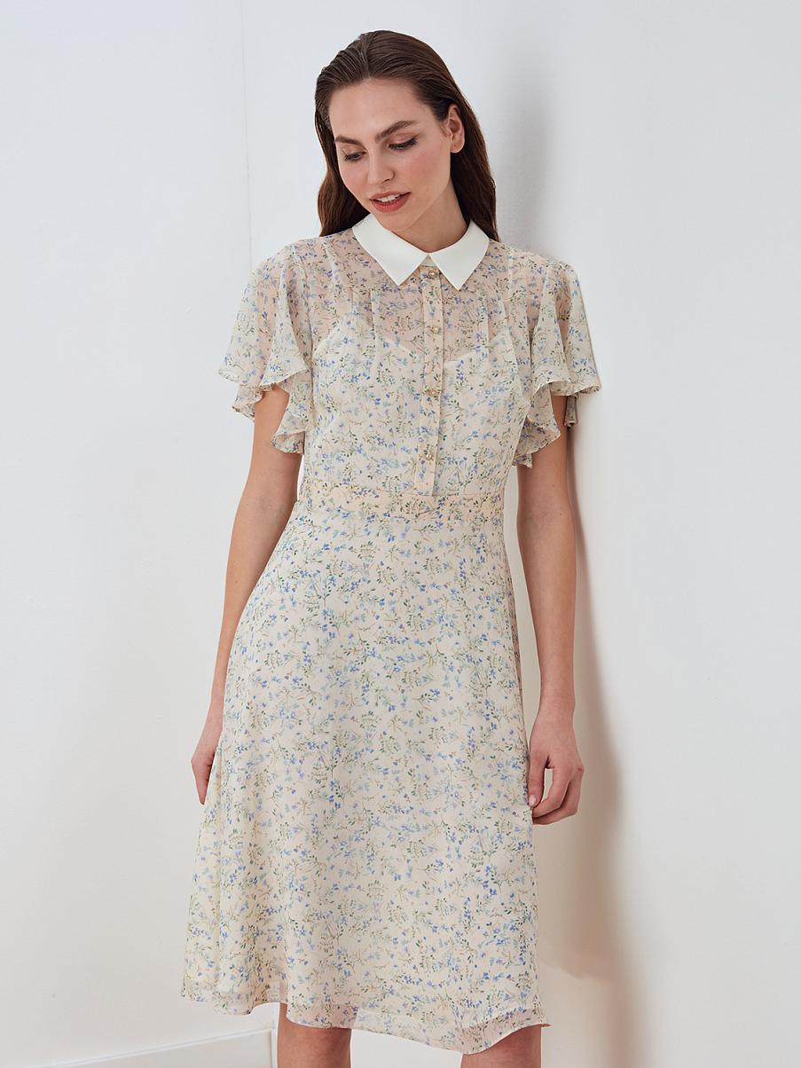 Шифоновое платье мини с оборкой на рукавах и классическим воротником