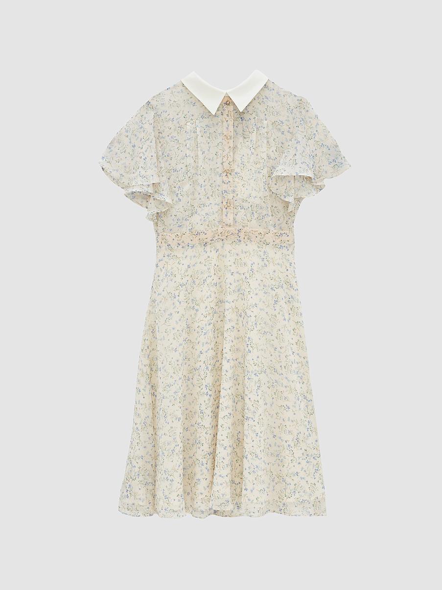 Шифоновое платье мини с оборкой на рукавах и классическим воротником