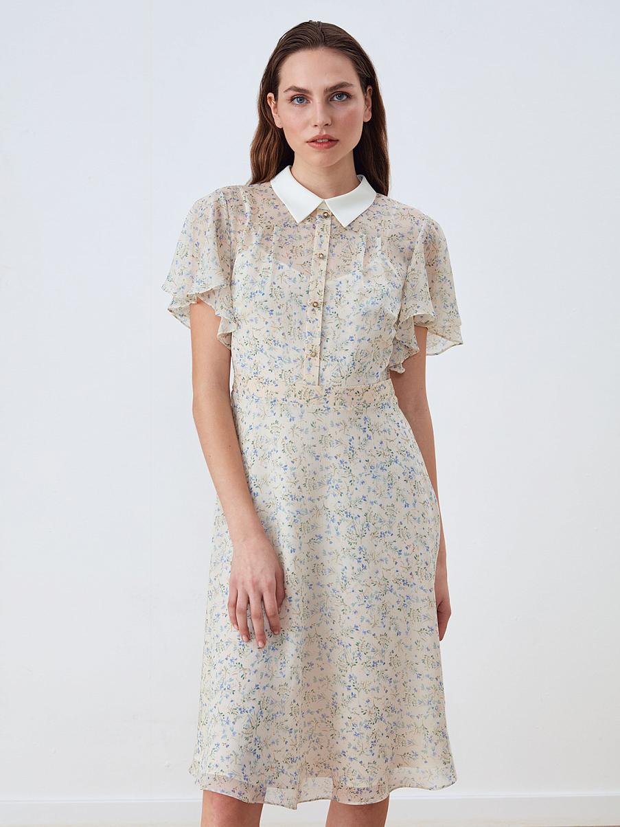 Шифоновое платье мини с оборкой на рукавах и классическим воротником