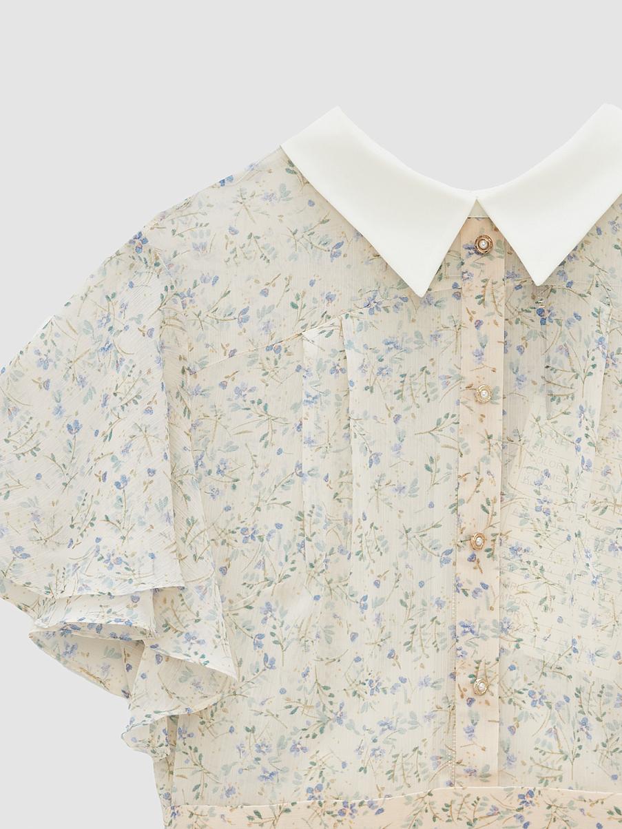 Шифоновое платье мини с оборкой на рукавах и классическим воротником