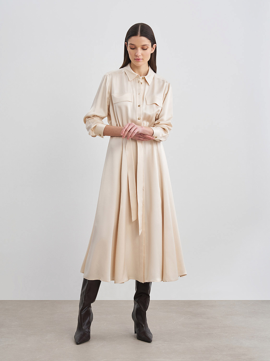 Платье миди с длинным рукавом и поясом