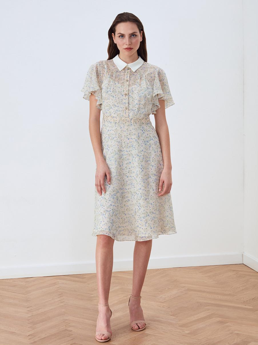 Шифоновое платье мини с оборкой на рукавах и классическим воротником