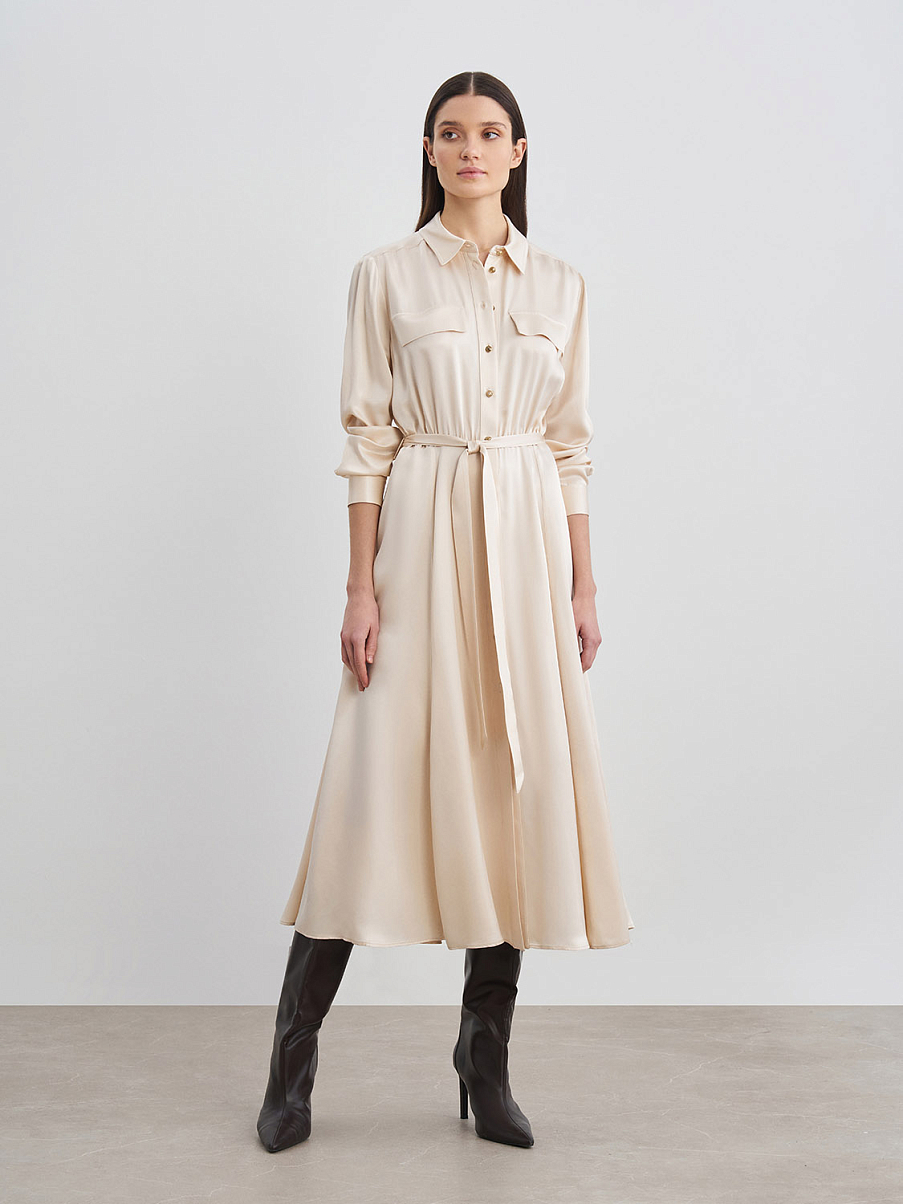 Платье миди с длинным рукавом и поясом